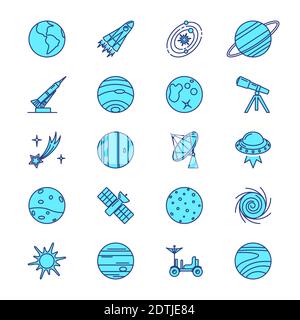 Space exploration icons set in colored line style. Solar system planets, rocket and other symbols isolated on white background. Vector illustration. Stock Vector