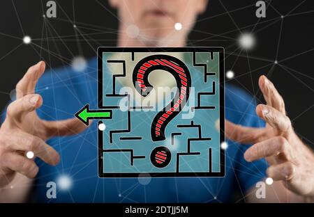 Decision concept between hands of a man in background Stock Photo
