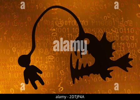 Anglerfish malware shadow, orange color, cyberspace virtual reality abstract 3d illustration, horizontal Stock Photo