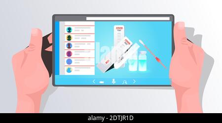 hands using tablet pc with covid-19 swab nasal test and rapid cassette on screen fight against coronavirus pandemic concept horizontal vector illustration Stock Vector
