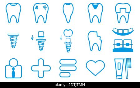 Dental Icons Set. Collection Thin blue lines symbol. Linear style of icons. Vector illustration. Stock Vector