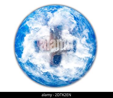 Planet Earth with a medical cross shaped cloud formation concept on white background Stock Photo
