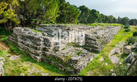 Panoramic view to Altar of Hieron II ruins in the ancient quarter of Neapolis in Syracuse. Sicily, Italy Stock Photo