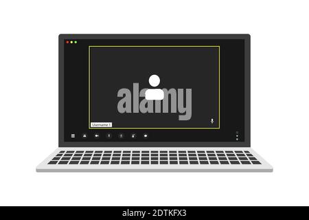 Video conference user interface on realistic laptop, video conference calls window overlay. One User Stock Vector