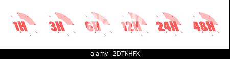 Set of icons with a clock. Hour, three, six, twelve, 24, 48. Stock Vector