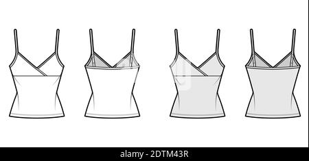 Camisole surplice tank cotton-jersey top technical fashion illustration with empire seam, thin adjustable straps, slim fit. Flat outwear template front, back, white, grey color. Women men CAD mockup Stock Vector