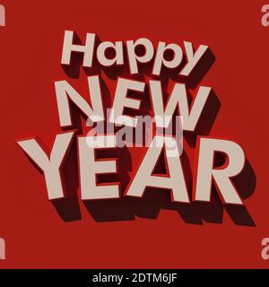 3D rendering of the writing Happy New Year  in white on a red background Stock Photo