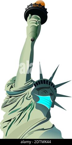 Statue of Liberty in New York with a mask against a virus. Vector illustration Stock Vector