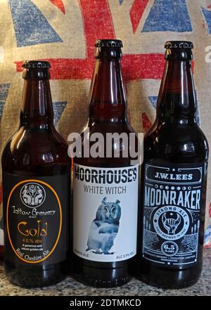 North West Bottled Beers,Cheshire Gold, Moorhouses White Witch, JW Lees,Moonraker,England,UK Stock Photo