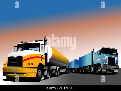 Two  trucks on the road. Vector illustration Stock Vector