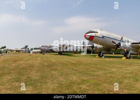 General view of planes lined up outdoors at Newark Air Museum, near Newark-on-Trent, Nottinghamshire, UK. Stock Photo