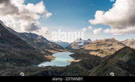Aerial view of Lago Bianco at the Bernina Pass in the afternoon in autumn Stock Photo