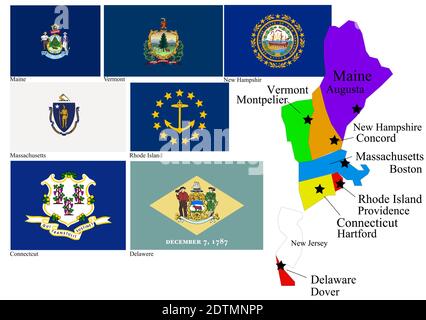 East  States (Maine, Vermont, New Hampshir, Massachusetts,Rhode Island, Connecticut, Delawere) of Usa flag and map, vector illustration Stock Vector