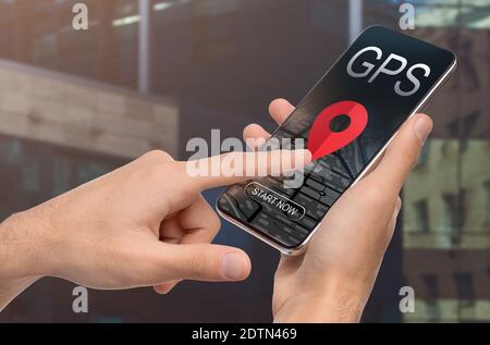 Man Using Modern Gps Navigation App On Smartphone, Creative Collage Stock Photo