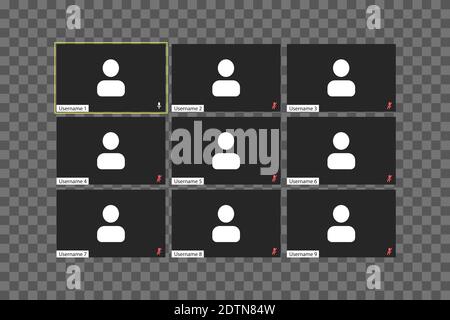 Video conferencing user interface template with individual windows on a transparent background. Nine users. Stock Vector