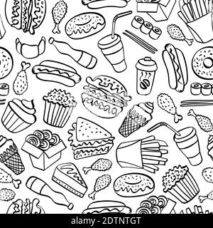 Fast food doodle seamless pattern. Hand drawn icons on white background. Vector illustration. Stock Vector