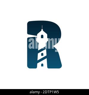 Letter R Lighthouse logo vector image. Lighthouse with letter R in negative space design logo vector image Stock Vector