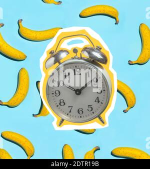 Zine style, pop art design. Creative collage with retro style alarm and bananas Stock Photo
