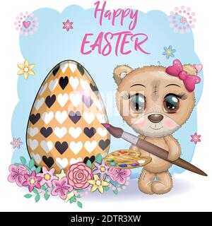 Cute bear with a brush and an ornate egg, phrase Happy Easter. Easter eggs, branches with leaves, flowers Stock Vector