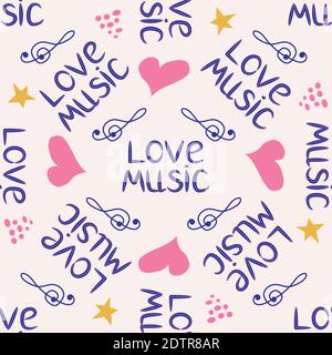 Love music seamless pattern with country guitar, music notes, treble clef, hearts, decorative elements. Stock Vector