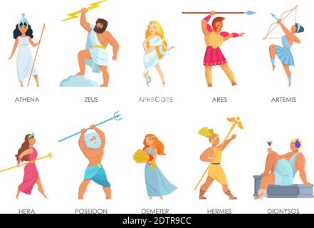 Vector set of Olympian pantheon. Greek gods and goddesses cartoon style Stock Vector