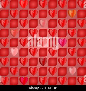 Romantic pink gradient background with colorful hearts and red squares Stock Vector