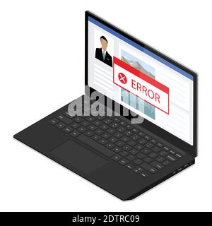 Window operating system error warning on laptop screen. Isometric view. Vector Stock Vector