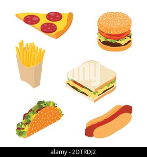 Set of fast food : french fries, hotdog, sandwich, burger hamburger or cheeseburger, slice of pizza and traditional mexican fast food taco isolated on Stock Vector