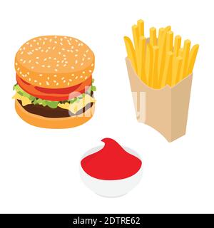 Burger, french fries and tomato ketchup in a bowl isolated on white background. Fast food. Unhealthy food. Isometric view. Vector Stock Vector