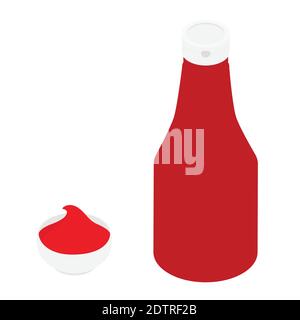 Ketchup bottle and tomato ketchup in a bowl isolated on white background. Tomato ketchup sauce. Isometric view. Vector Stock Vector