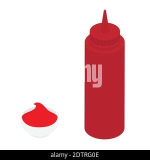 Squeeze ketchup bottle and tomato ketchup in a bowl isolated on white background. Tomato ketchup sauce. Isometric view. Vector Stock Vector