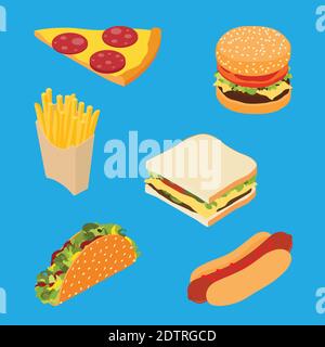 Set of fast food : french fries, hotdog, sandwich, burger hamburger or cheeseburger, slice of pizza and traditional mexican fast food taco isolated on Stock Vector