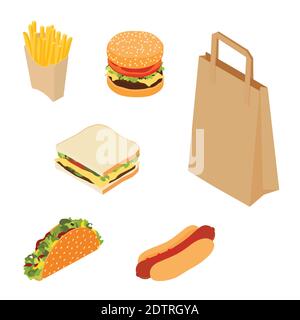 Set of fast food : french fries, hotdog, sandwich, burger hamburger or cheeseburger, slice of pizza, taco and shopping bag isolated on white backgroun Stock Vector