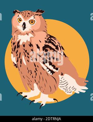 Vector illustration of long eared owl, on blue background of orange sun. Wild Bird in wildlife. Stock Vector