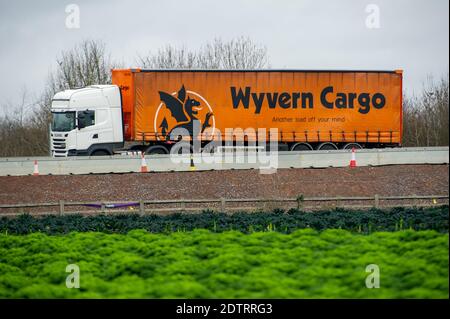 Dorney, UK. 22nd December, 2020. A Wyvern Cargo HGV heads West on the M4 today. Following the new Covid-19 variant in the South East of England, France have closed their channel ports to UK freight. Despite, this it was business as usual today as there were plenty of freight shipments still being transported on the M4. The action by Emmanuel Macron the President of France may lead to some temporary shortages of imported citrus fruit and vegetables from the EU, however, the French action appears to only be strengthening the campaign to buy British. Credit: Maureen McLean/Alamy Live News Stock Photo