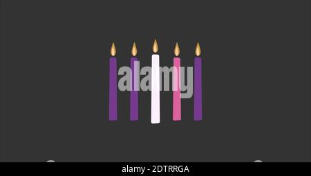 Four purple and pink candles of Advent plus the candle of Christ in the center. Stock Vector