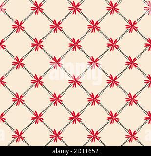 Floral geometric seamless pattern. Stylish square backdrop with black springs, red flowers. Light color background is easy to change Stock Vector