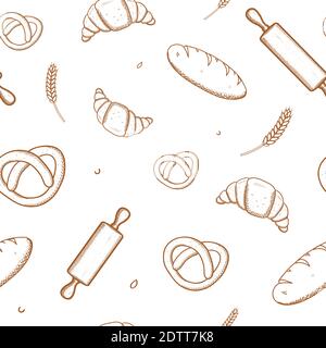 Hand drawn seamless pattern of bread and bakery products. Baked goods background. Vector illustration. Stock Vector