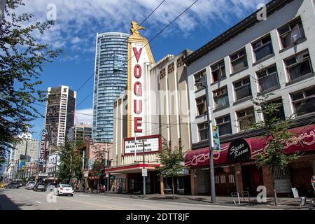 Vancouver, Canada - June 29,2020: View of sign The Vogue theatre and music venue in Vancouver Stock Photo