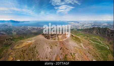 Aerial view of Mount Vesuvius volcano with Naples bay behind. Naples, Campania, Italy Stock Photo