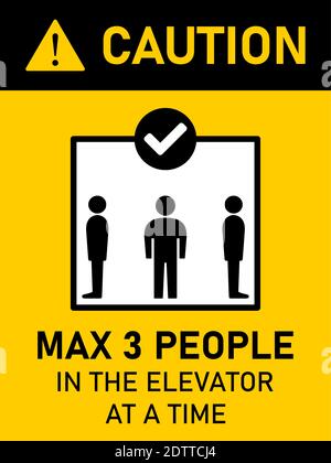 Caution Max 3 People in the Elevator at a Time Vertical Social Distancing Instruction Sign with an Aspect Ratio 3:4. Vector Image. Stock Vector