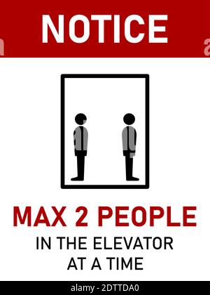 Notice Max 2 People in the Elevator at a Time Vertical Social Distancing Instruction Sign with an Aspect Ratio 3:4. Vector Image. Stock Vector