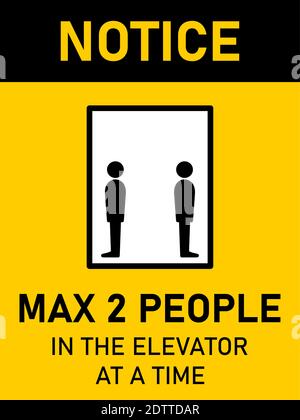 Notice Max 2 People in the Elevator at a Time Vertical Social Distancing Instruction Sign with an Aspect Ratio 3:4. Vector Image. Stock Vector