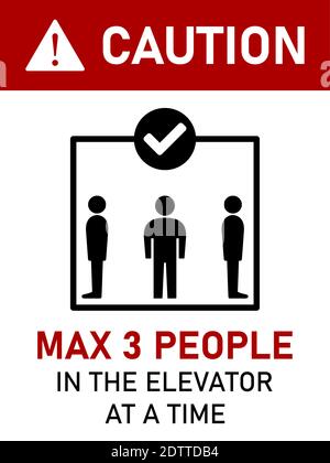 Caution Max 3 People in the Elevator at a Time Vertical Social Distancing Instruction Sign with an Aspect Ratio 3:4. Vector Image. Stock Vector