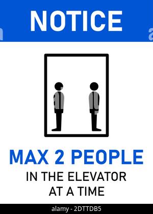 Notice Max 2 People in the Elevator at a Time Vertical Social Distancing Instruction Sign with an Aspect Ratio 3:4. Vector Image. Stock Vector