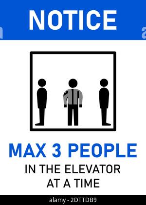 Notice Max 3 People in the Elevator at a Time Vertical Social Distancing Instruction Sign with an Aspect Ratio 3:4. Vector Image. Stock Vector