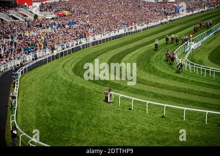 The Grand National is a National Hunt horse race held annually at Aintree Racecourse, near Liverpool, England. Stock Photo