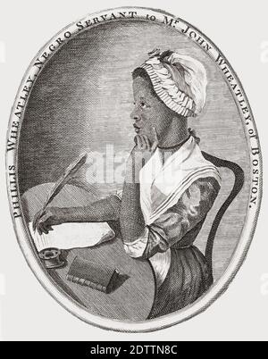 Phillis Wheatley, c. 1753 - 1784.  She was West African born, sold into slavery before she was ten and transported to North America where she was bought by the Wheatley family in Boston who taught her to read and write.  By 1773 she had written a book of poetry and became the first African-American author to have work published. Stock Photo