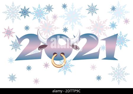 New Year 2021 Bull Ox Buffalo Cow horns Snow BG Stock Vector