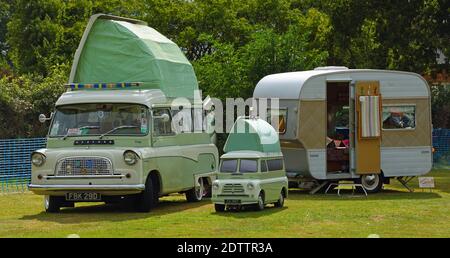 Classic Bedford Camper Van with Caravan - Trailer and mini Camper Van. Stock Photo